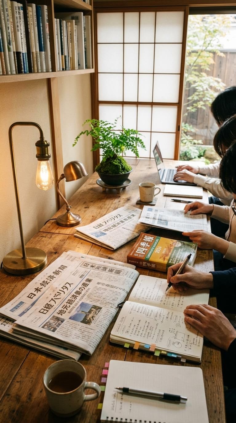 京都の落ち着いた編集部の机に積まれたノートと並ぶ静かな読書ランプの暖色系の写真