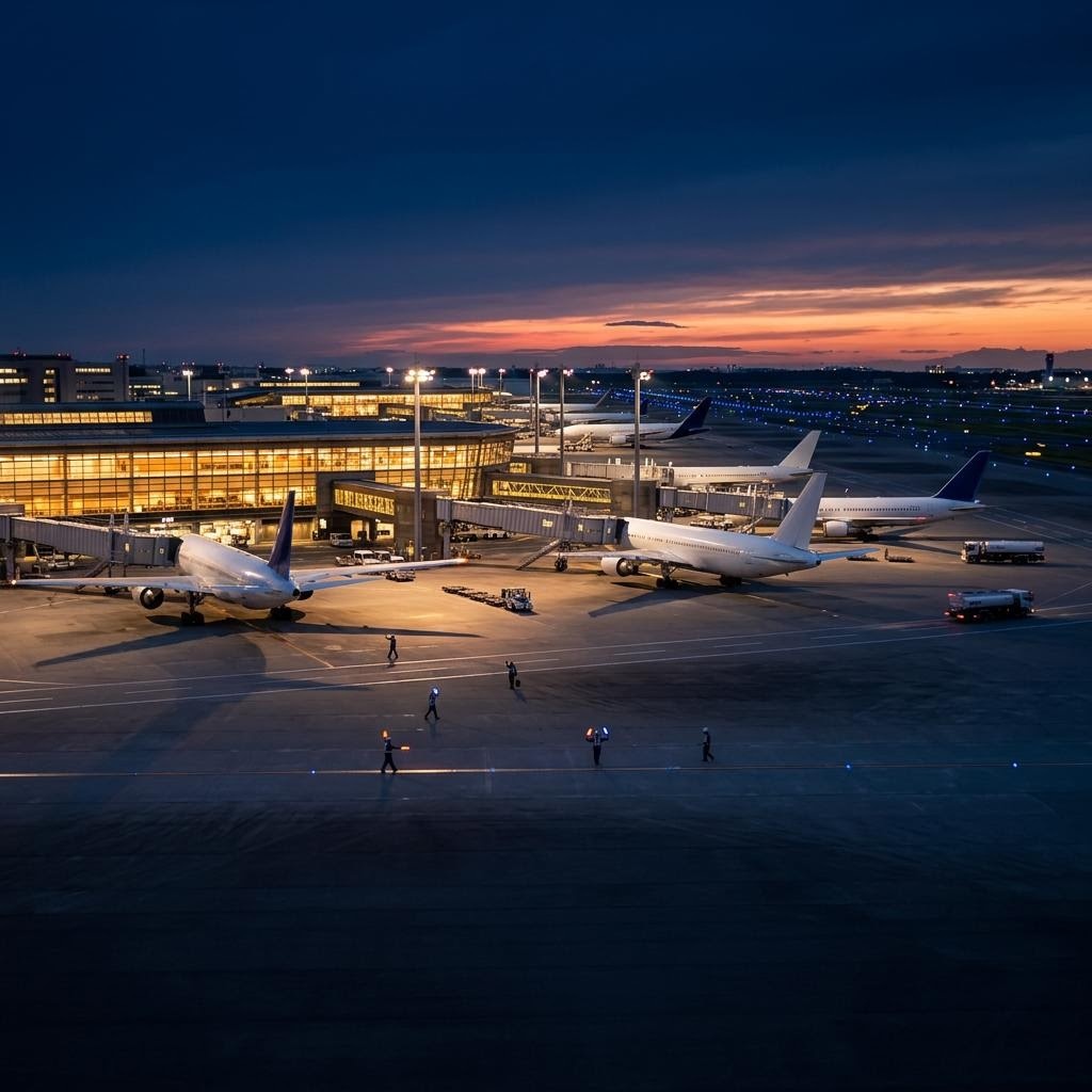 夕暮れの空港でゲートに停まる旅客機と、滑走路の照明が静かに灯っている穏やかな航空現場の写真