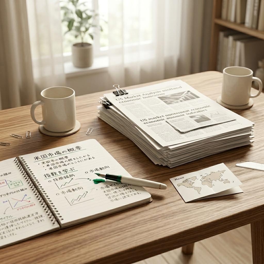 米国市場の動向を映す画面と並んで、ノートと万年筆が置かれた静かな朝の学習デスクの俯瞰写真