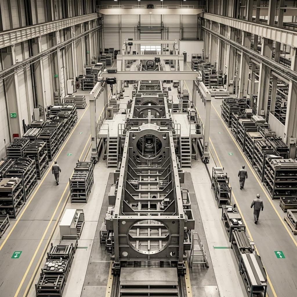 重工業の組立工場で大型部品が並ぶ整然とした作業場と、技術者が確認作業を行う落ち着いた現場の写真