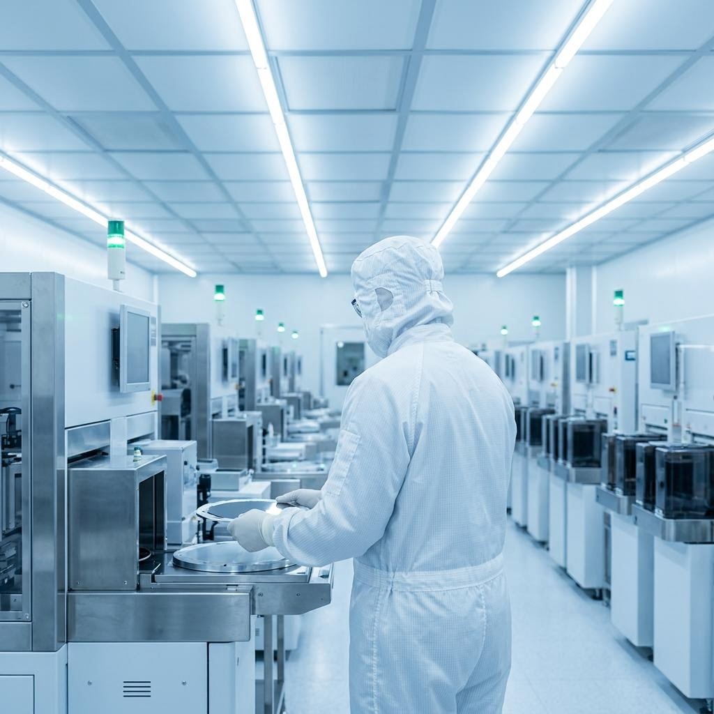 クリーンルームでウェハを慎重に扱う技術者と、整然と並ぶ半導体製造装置がやわらかく光る現場の写真