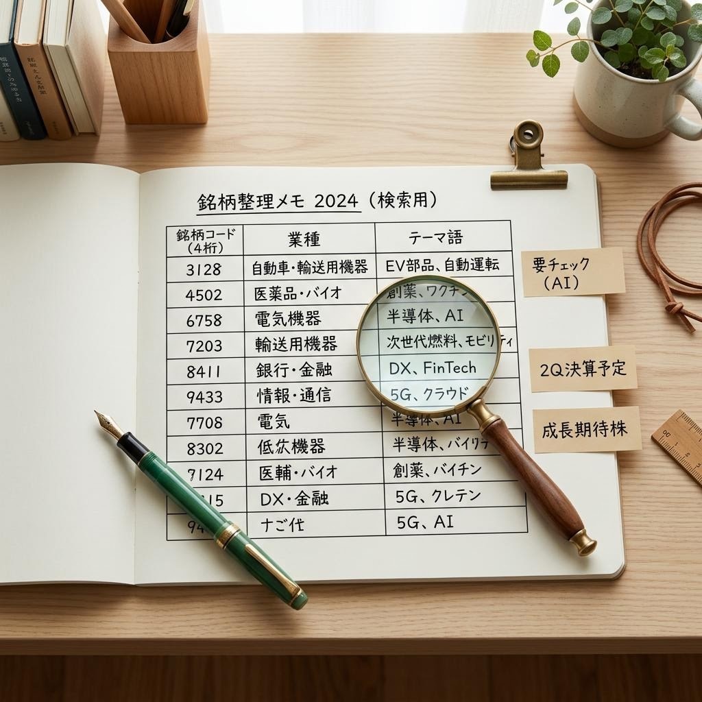 ノートと虫眼鏡、ペンが並べられた机に銘柄リストが広げられた整理された学習空間の俯瞰写真