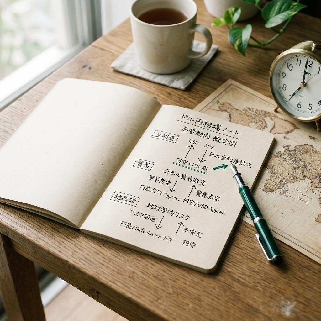 ドル円のレートを表示する画面と並んで紙のノート、万年筆が置かれた静かな学習デスクの俯瞰写真