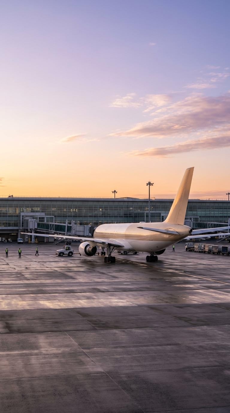 ANA機の翼が朝焼けの空港で待機している静かな滑走路の写真