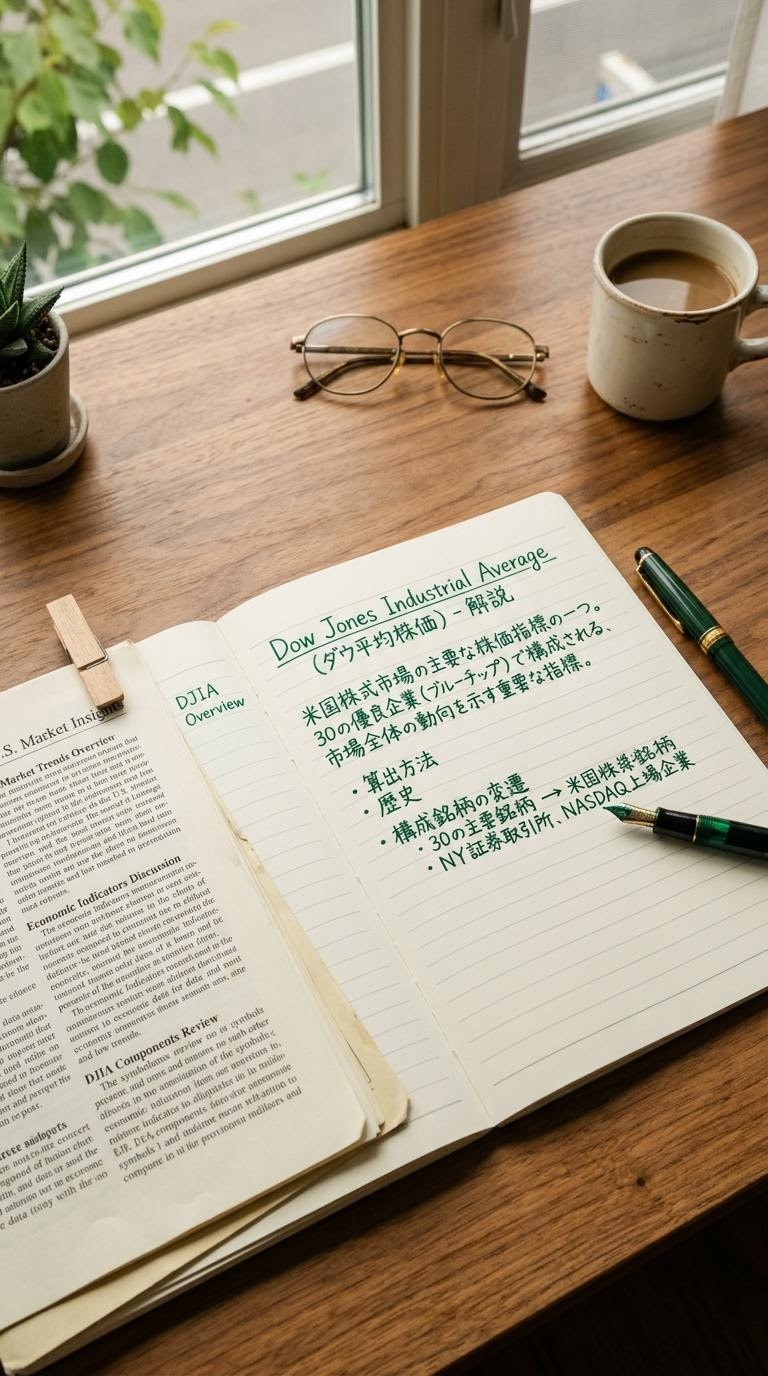 ダウ平均を映すモニターと机上のノート、控えめに置かれた万年筆が映る学習デスクの写真