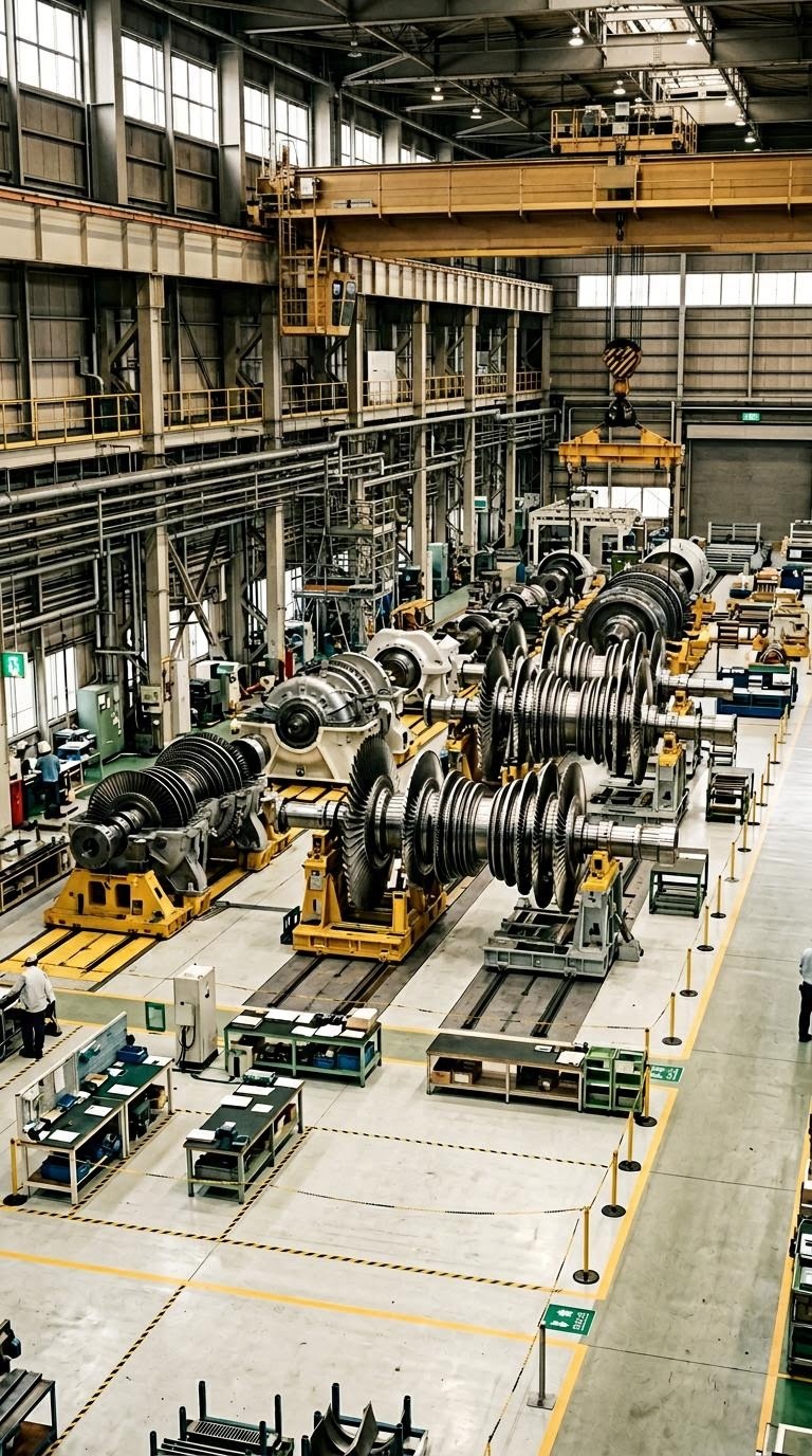 三菱重工の重工業現場を象徴する大型タービンと整然と並ぶ作業エリアの俯瞰写真