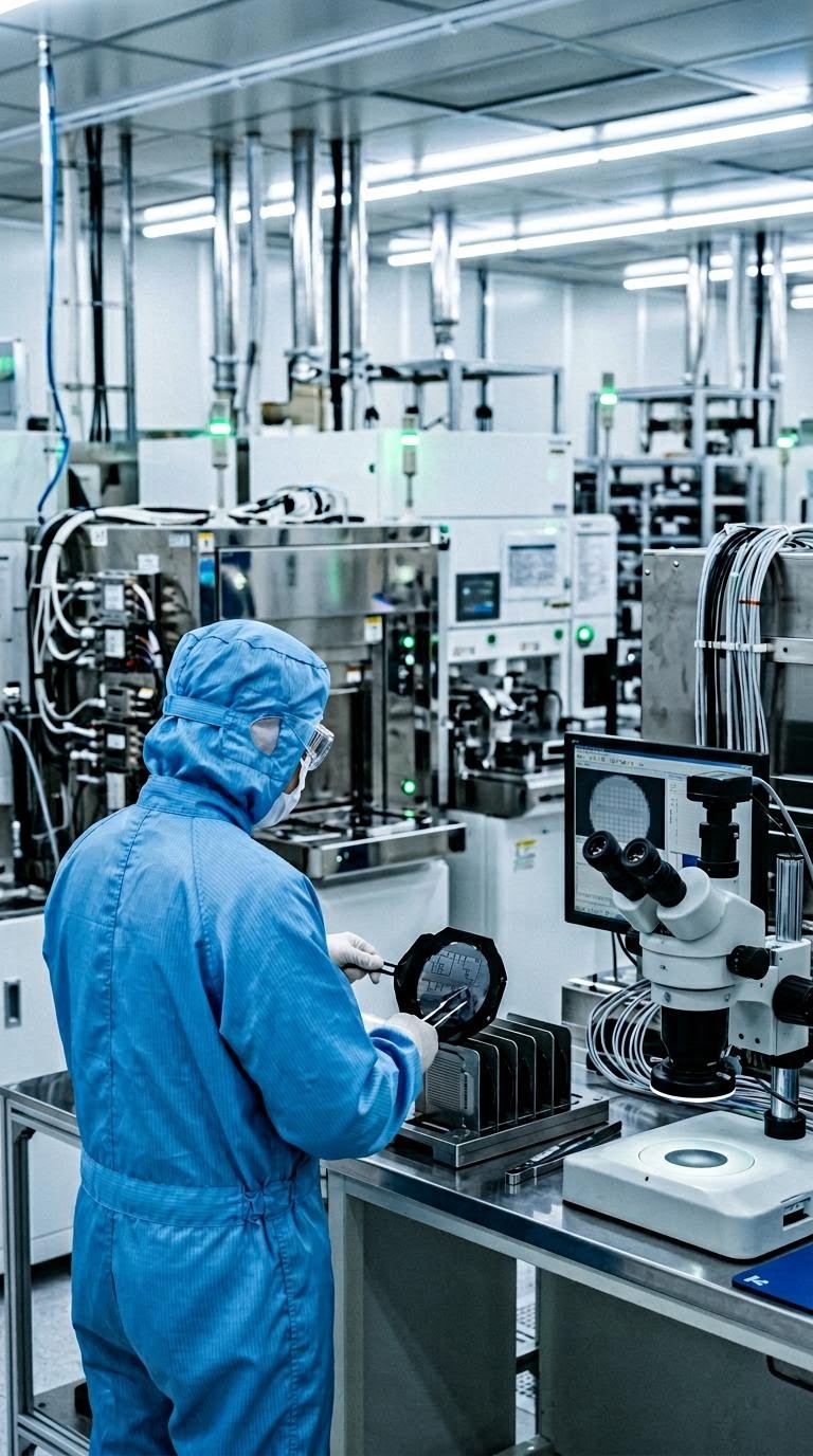 クリーンルームでウェハを扱う技術者と並ぶ半導体製造装置の整然とした実作業風景