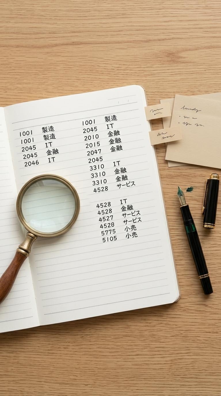 ノートと虫眼鏡、ペンが並べられた机の上で銘柄リストを確認する整理された学習空間