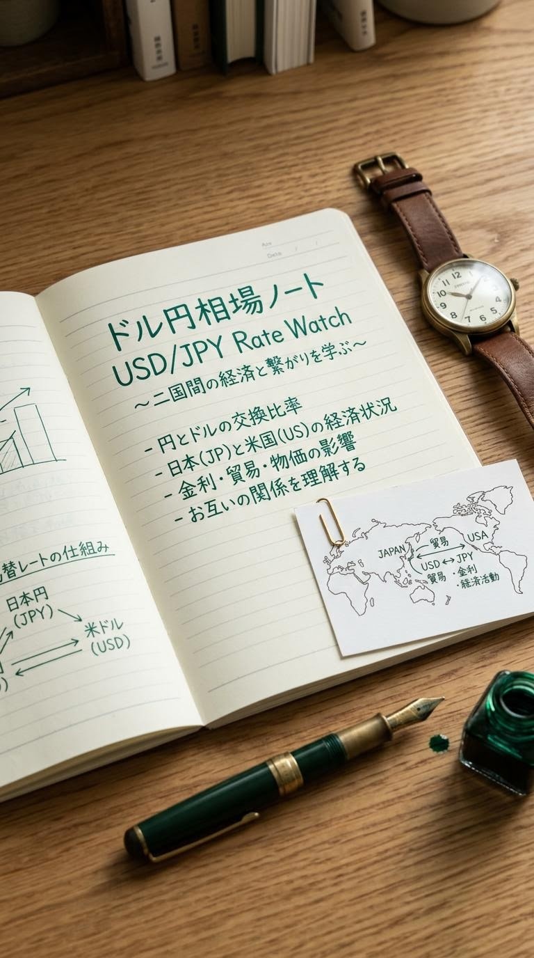 ドル円のレート表示と紙のノートが並ぶ落ち着いた学習デスクの俯瞰写真