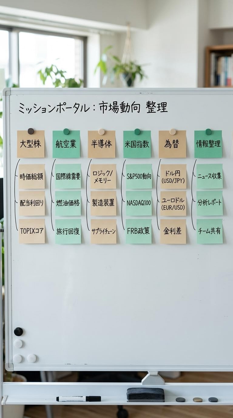 編集部のホワイトボードに貼られたテーマ別の付箋とメモがやさしい光の中で整理されている様子